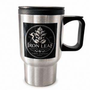 Stainless steel Iron Leaf Coffee Company travel mug with black handle and lid