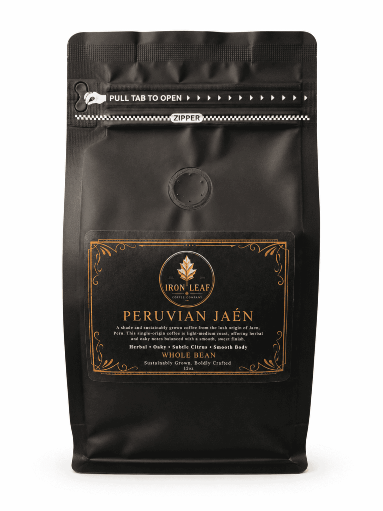 Peruvian Jaen coffee bag by Iron Leaf Coffee Company